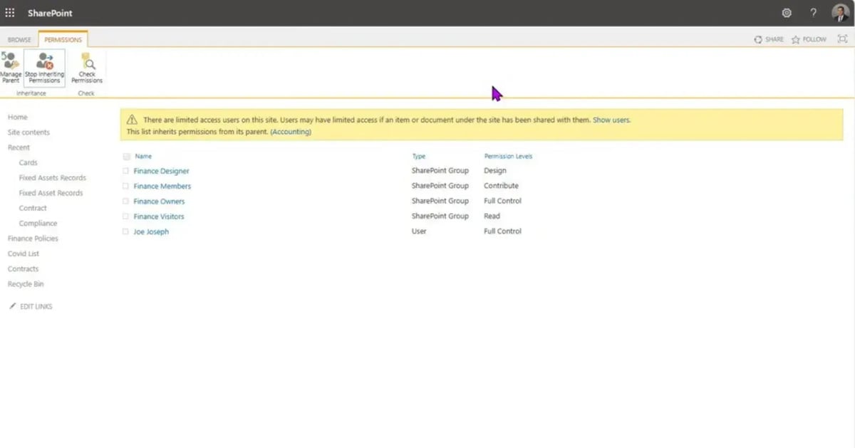 SharePoint Advanced permissions settings removing inheritance to restrict contract list access