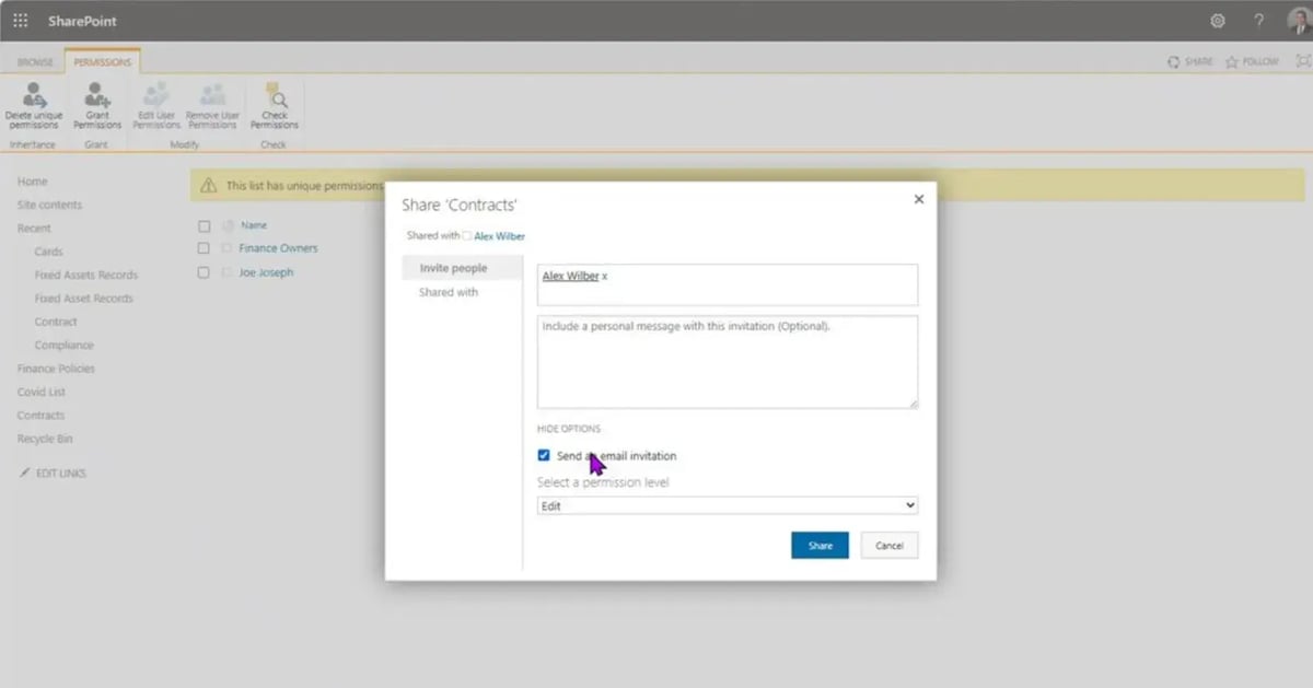 SharePoint Advanced permissions settings removing inheritance to restrict contract list access