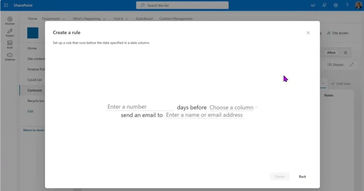 SharePoint list Workflows panel configuring an approval action for new contract items