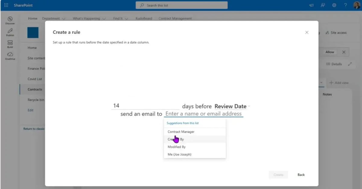 SharePoint list Workflows panel configuring an approval action for new contract items