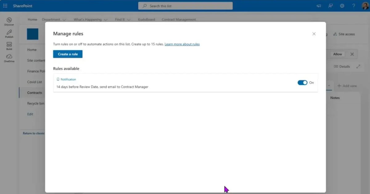 SharePoint list Workflows panel configuring an approval action for new contract items