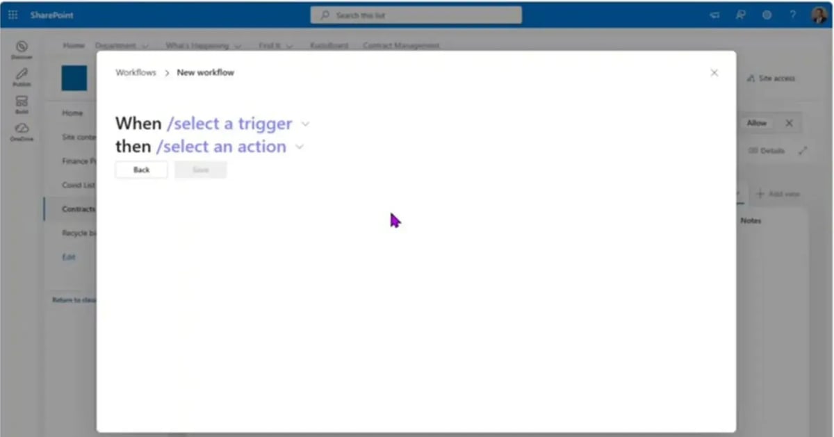 SharePoint list Workflows panel configuring an approval action for new contract items