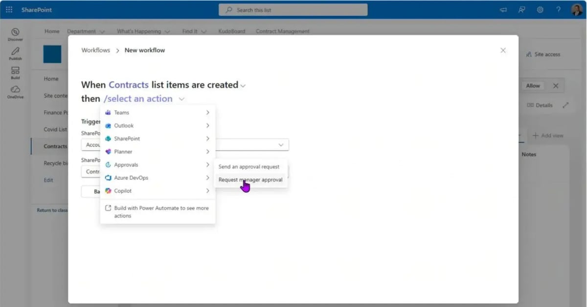 SharePoint list Workflows panel configuring an approval action for new contract items