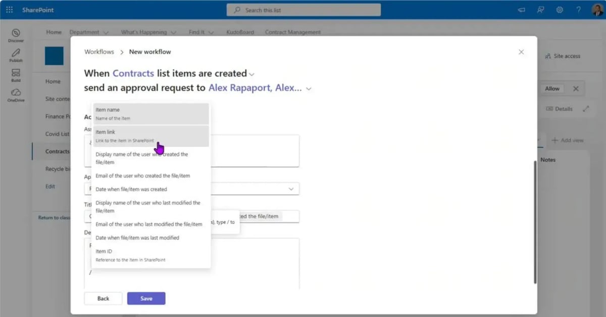 SharePoint list Workflows panel configuring an approval action for new contract items