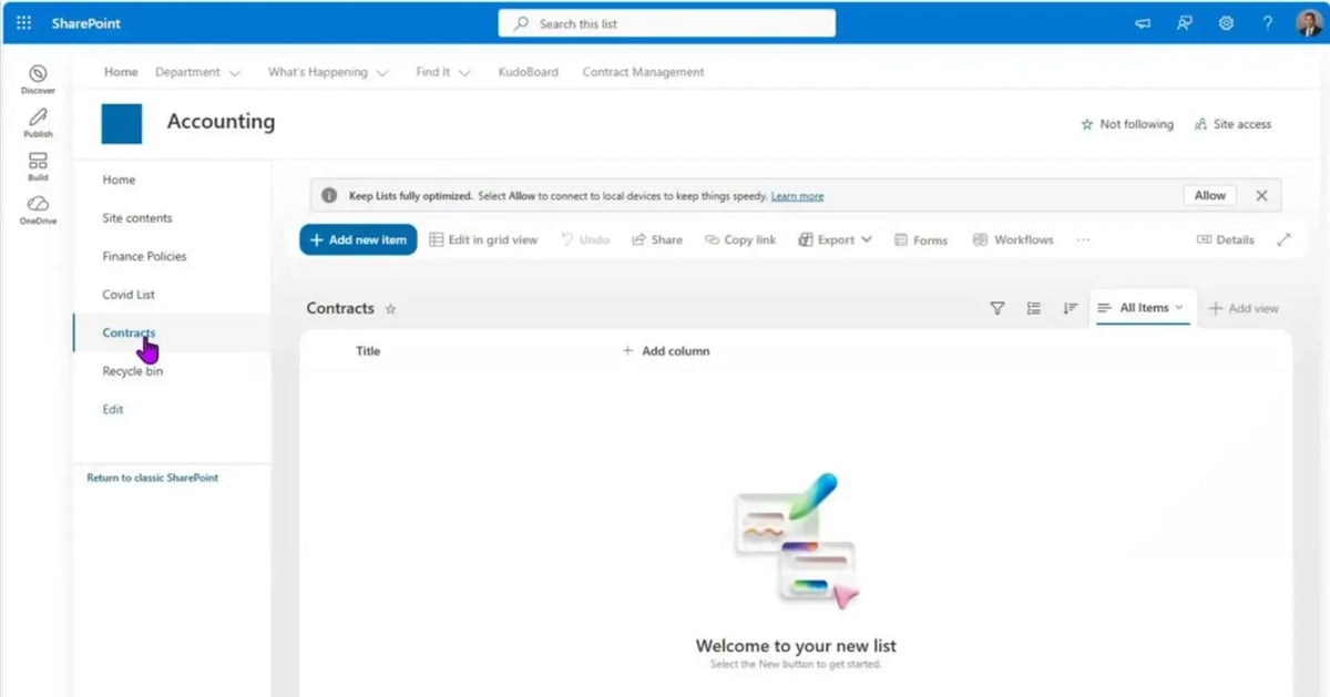 SharePoint list column settings showing Contract Type, Start Date, End Date, and Contract Manager fields