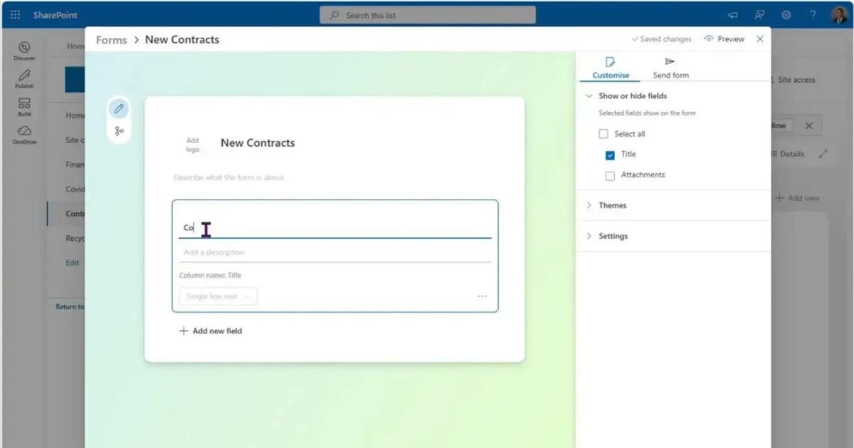 SharePoint list column settings showing Contract Type, Start Date, End Date, and Contract Manager fields