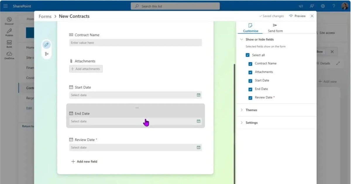 SharePoint list column settings showing Contract Type, Start Date, End Date, and Contract Manager fields