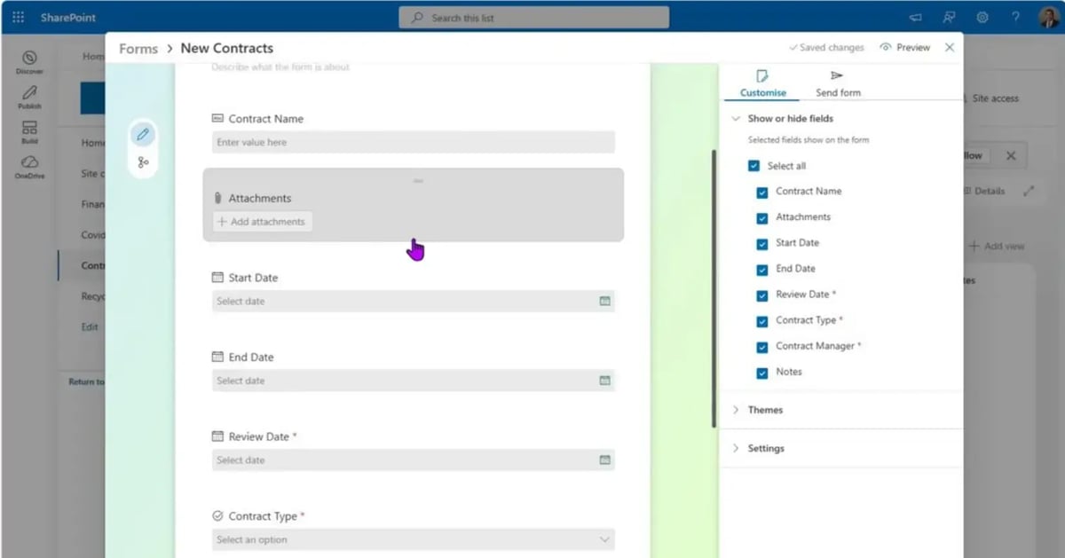 Sharing a SharePoint list form link and viewing new contract submissions with attachments