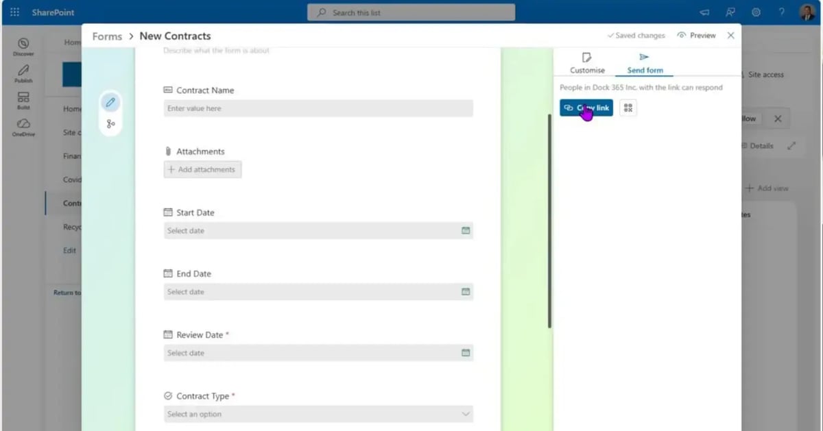 Sharing a SharePoint list form link and viewing new contract submissions with attachments