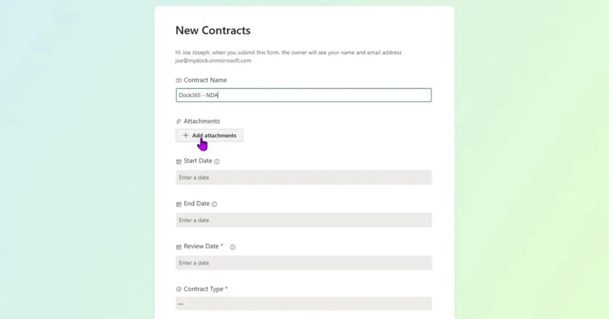 Sharing a SharePoint list form link and viewing new contract submissions with attachments