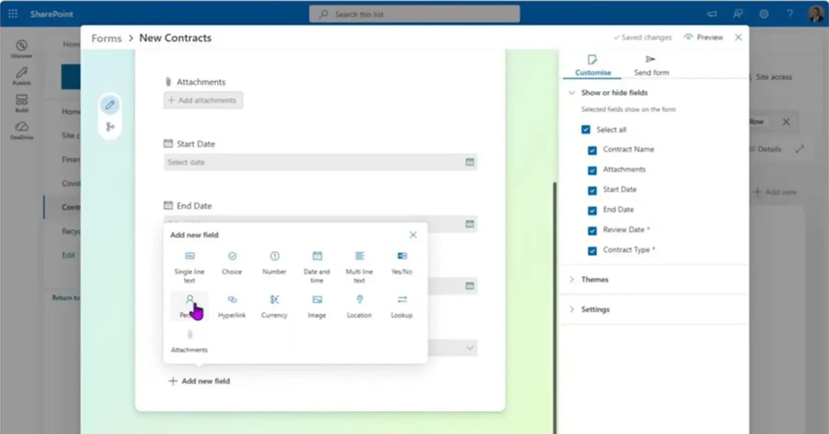 Sharing a SharePoint list form link and viewing new contract submissions with attachments